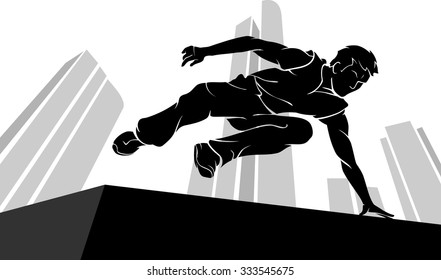 Parkour Jump Silhouette With Abstract City Building Background