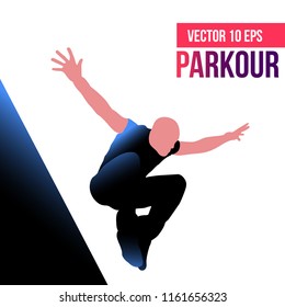 Parkour jump. Silhouettes of people engaged in parkour.  Negative space. Jumping sport. Vector eps 10. Vector silhouettes on white background
