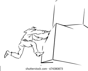 Parkour, man climbs a cube. Running man b&w simple vector sketch. 3 from parkour set of 15 drawings 