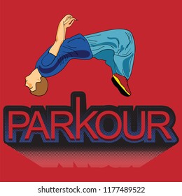 Parkour is a man. Flip back. Vector in the style of pop art. A man in sportswear. Print for fabric.