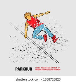 Parkour man jump over an obstacle. Vector outline Parkour with scribble doodles style drawing.
