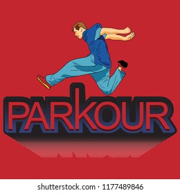 Parkour is a man. Leap Forward. Vector in the style of pop art. Men in sportswear. Print for fabric.