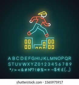 Parkour neon light icon. Traceur running in city environment. Traversing obstacles. Person jumping in urban space. Glowing sign with alphabet, numbers and symbols. Vector isolated illustration