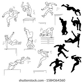 Parkour people outline and silhouette set - men and women doing extreme sport moves. Backflip, spin, vault, handstand and other moves - flat isolated vector illustration.