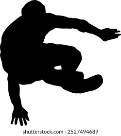 Una persona de parkour en una postura agachada y dinámica, sugiriendo movimiento o acción. La figura es negra y se coloca sobre un fondo blanco, enfatizando el contraste y la forma. 