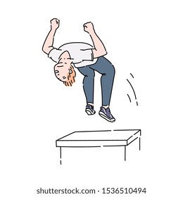 Parkour practising athlete or sportsman in motion, cartoon vector illustration in sketch style isolated on white background. Extreme high risk sports and urban activity.