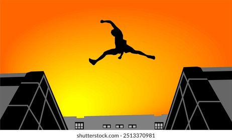 parkour silhouette, vector illustration of a parkour man jumping between two tall buildings, with a twilight background