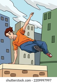 Parkour Sport Colored Cartoon Illustration