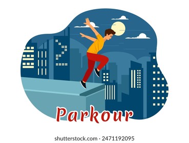 Parkour Sports Vector Illustration featuring Young Men Jumping Over Walls and Barriers in City Street and Building in a Flat Style Cartoon Background