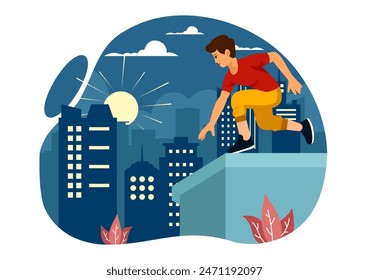 Parkour Sports Vector Illustration featuring Young Men Jumping Over Walls and Barriers in City Street and Building in a Flat Style Cartoon Background