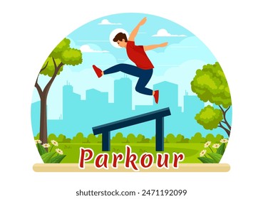 Parkour Sports Vector Illustration featuring Young Men Jumping Over Walls and Barriers in City Street and Building in a Flat Style Cartoon Background