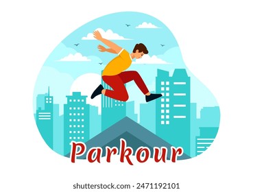 Parkour Sports Vector Illustration featuring Young Men Jumping Over Walls and Barriers in City Street and Building in a Flat Style Cartoon Background