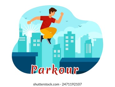 Parkour Sports Vector Illustration featuring Young Men Jumping Over Walls and Barriers in City Street and Building in a Flat Style Cartoon Background