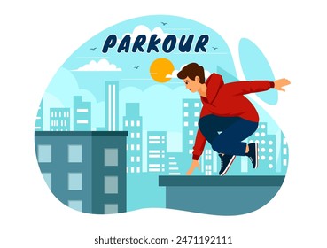 Parkour Ilustración vectorial deportiva con hombres jóvenes saltando sobre paredes y barreras en la calle de la ciudad y edificio en un fondo plano de dibujos animados