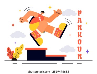 Parkour Sports Vector Illustration featuring Young Men Leaping Over Walls and Barriers in an Urban Cityscape with Buildings and Streets in a Background