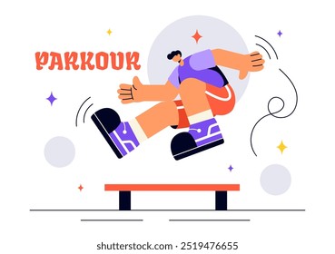 Parkour Sports Vector Illustration featuring Young Men Leaping Over Walls and Barriers in an Urban Cityscape with Buildings and Streets in a Background