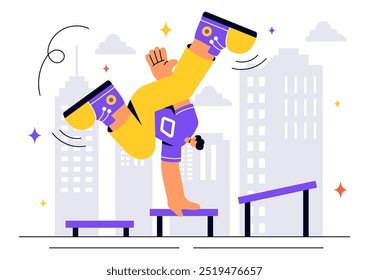 Parkour Sports Vector Illustration featuring Young Men Leaping Over Walls and Barriers in an Urban Cityscape with Buildings and Streets in a Background