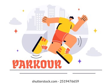 Parkour Sports Vector Illustration featuring Young Men Leaping Over Walls and Barriers in an Urban Cityscape with Buildings and Streets in a Background