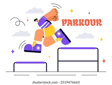 Parkour Sports Vector Illustration featuring Young Men Leaping Over Walls and Barriers in an Urban Cityscape with Buildings and Streets in a Background