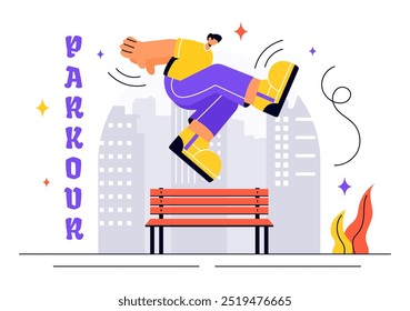 Parkour Sports Vector Illustration featuring Young Men Leaping Over Walls and Barriers in an Urban Cityscape with Buildings and Streets in a Background