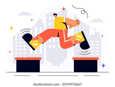 Parkour Sports Vector Illustration featuring Young Men Leaping Over Walls and Barriers in an Urban Cityscape with Buildings and Streets in a Background