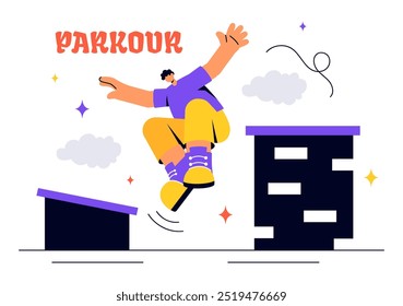 Parkour Sports Vector Illustration featuring Young Men Leaping Over Walls and Barriers in an Urban Cityscape with Buildings and Streets in a Background