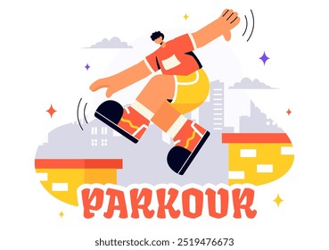 Parkour Sports Vector Illustration featuring Young Men Leaping Over Walls and Barriers in an Urban Cityscape with Buildings and Streets in a Background