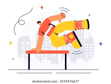 Parkour Sports Vector Illustration featuring Young Men Leaping Over Walls and Barriers in an Urban Cityscape with Buildings and Streets in a Background