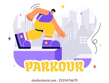 Parkour Sports Vector Illustration featuring Young Men Leaping Over Walls and Barriers in an Urban Cityscape with Buildings and Streets in a Background