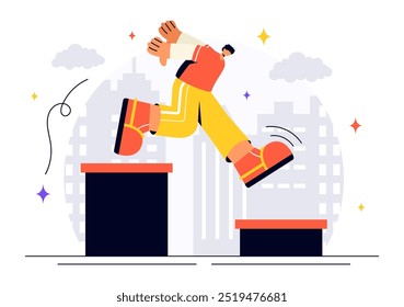 Parkour Sports Vector Illustration featuring Young Men Leaping Over Walls and Barriers in an Urban Cityscape with Buildings and Streets in a Background