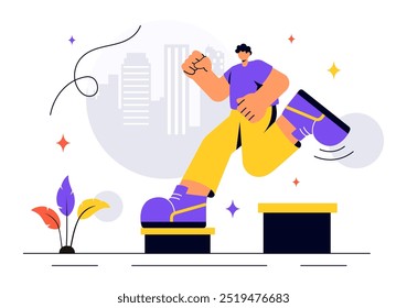 Parkour Sports Vector Illustration featuring Young Men Leaping Over Walls and Barriers in an Urban Cityscape with Buildings and Streets in a Background