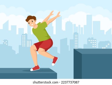 Parkour Sports with Young Men Jumping Over Walls and Barriers in City Streets and Buildings in Flat Cartoon Hand Drawn Template Illustration