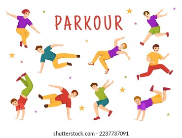 Parkour Sports with Young Men Jumping Over Walls and Barriers in City Streets and Buildings in Flat Cartoon Hand Drawn Template Illustration