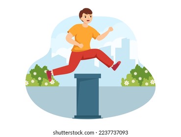 Parkour Sports with Young Men Jumping Over Walls and Barriers in City Streets and Buildings in Flat Cartoon Hand Drawn Template Illustration