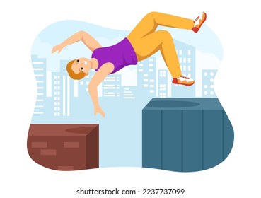 Parkour Sports with Young Men Jumping Over Walls and Barriers in City Streets and Buildings in Flat Cartoon Hand Drawn Template Illustration