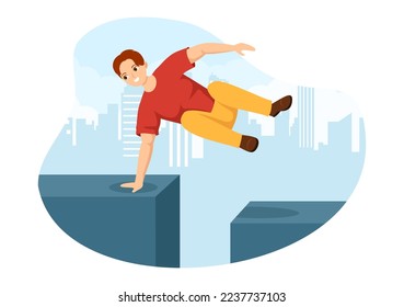 Parkour Sports with Young Men Jumping Over Walls and Barriers in City Streets and Buildings in Flat Cartoon Hand Drawn Template Illustration