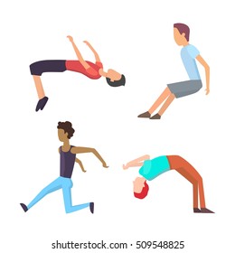 Parkour trick people extreme sport cartoon vector silhouette or city sport parkour trick people pose