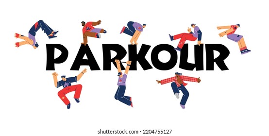 Parkour typografische Header mit jungen Leuten, die Parkour machen, flache Vektorgrafik einzeln auf weißem Hintergrund. Teenager springen, frischen, rollen, backflips machen. Extremer Straßensport.