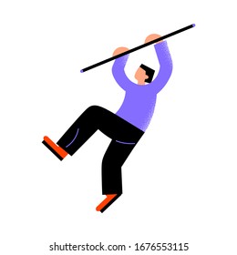 Parkour young man in black pants climbing over an obstacle. Vector illustration in a flat cartoon style.