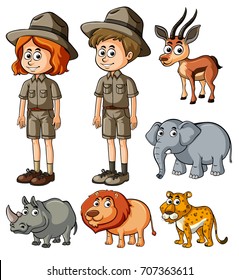 Parkrangers and many wild animals illustration