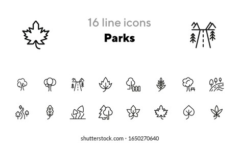 Conjunto de iconos de línea de parques. Árbol, hoja, planta, flora.  Concepto de naturaleza. Se puede usar para temas como caminatas, bosques, campo