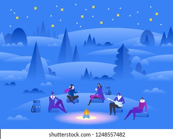 Parks And Outdoor. Group Of Friends Near Camp Fire With Campfire Song. Winter Landscape Background. Forests, Trees And Hills. Vector Flat Style Cartoon Illustration