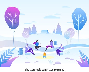 Parks and Outdoor. Group of friends near camp fire with campfire song. Winter landscape background. Forests, trees and hills. Vector flat style cartoon illustration