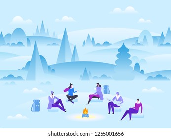 Parks And Outdoor. Group Of Friends Near Camp Fire With Campfire Song. Winter Landscape Background. Forests, Trees And Hills. Vector Flat Style Cartoon Illustration