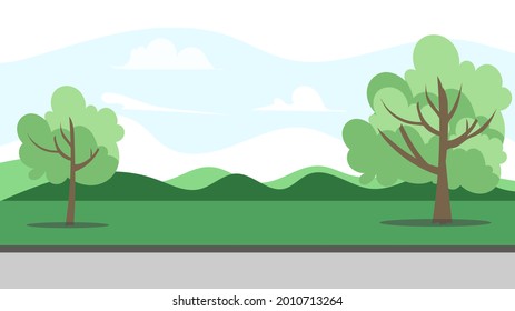 Parks, trees, pathways and bushes on a clear day, blue sky and white clouds,Illustration Vector EPS 10