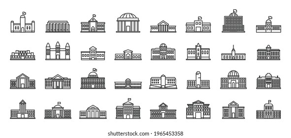 Conjunto de iconos de construcción del parlamento. Conjunto de esquemas de iconos vectoriales de construcción del parlamento para diseño web aislados en fondo blanco