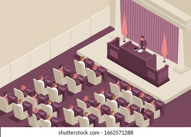 Parliament government isometric composition with parliament chamber indoor scenery with elected officials and spokesman with text vector illustration