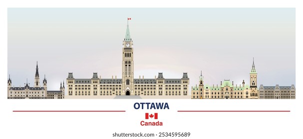 Parliament Hill edifices in Ottawa, Canada. Panoramic view. Vector illustration