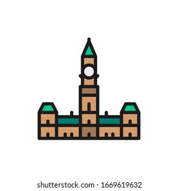 Parliament Hill, Ottawa flat color line icon.