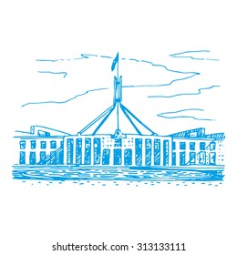 Parliament House In The Canberra, ACT, Australia. Vector Freehand Pencil Sketch.